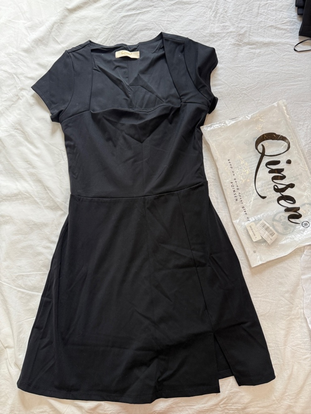Quince Black Short-Sleeve Mini Dress with Subtle V-Neck